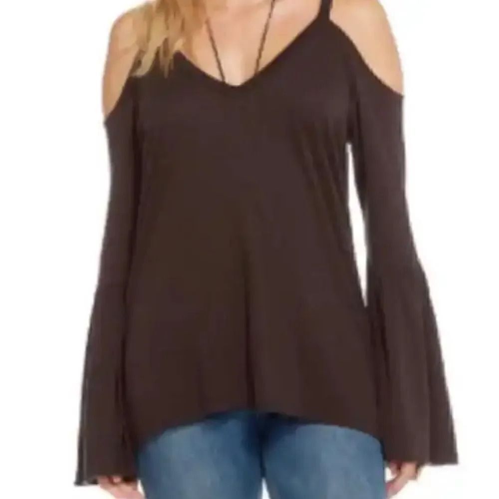 NWT Chaser Revolve COLD SHOULDER PEPLUM SLEEVE VINTAGE JERSEY Union Black Top M